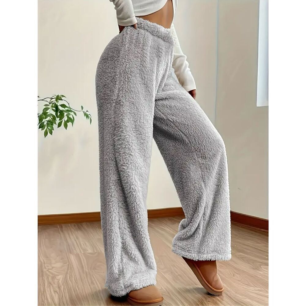 NWT Gorgeous XL Cozy Fluffy Grey Sherpa Wide Leg Elastic Waist Soft Teddy Pants